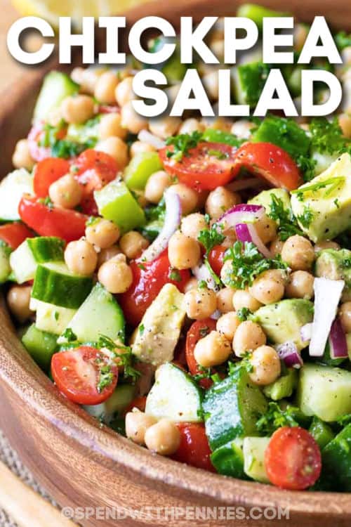 bowl of Chickpea Salad with a title