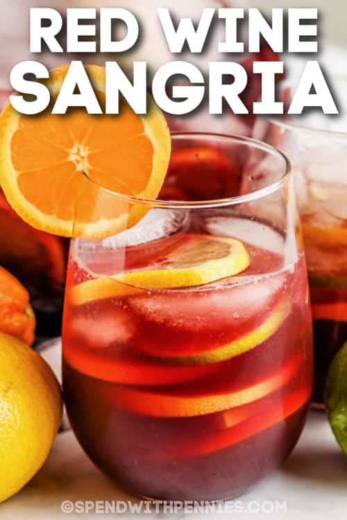 Easy Red Sangria with citrus fruit slices and a title