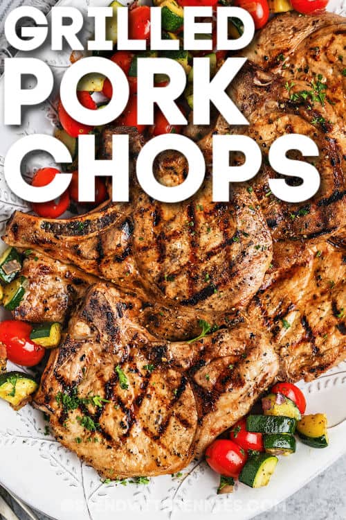 plated Grilled Pork Chops with writing