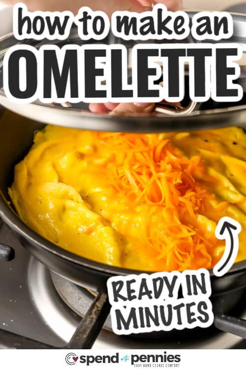 omelette in skillet with lid and writing