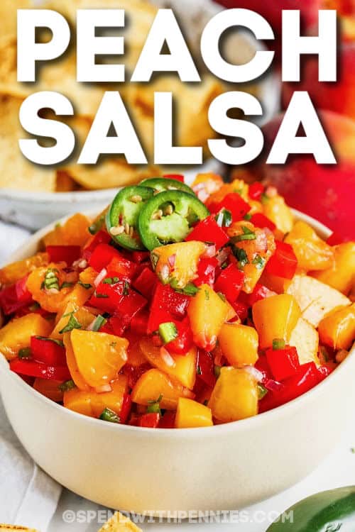 bowl of Peach Salsa with a title