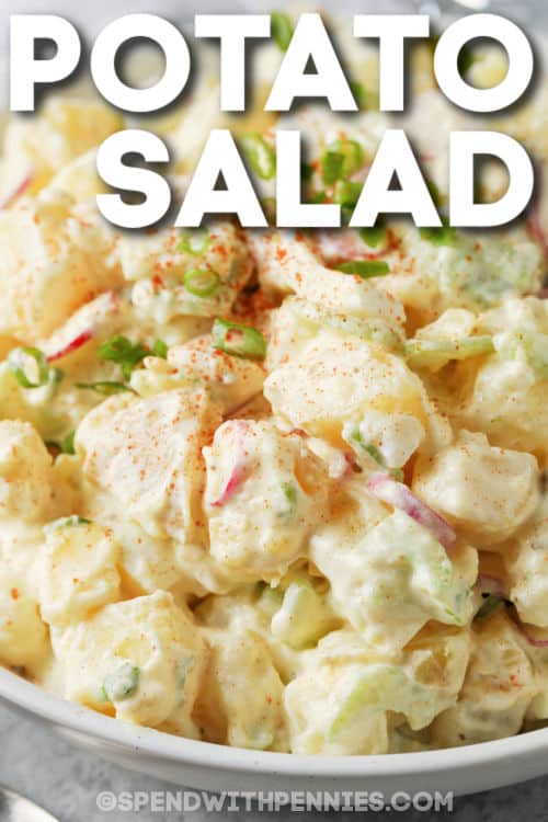 close up of The Best Potato Salad in a bowl with a title