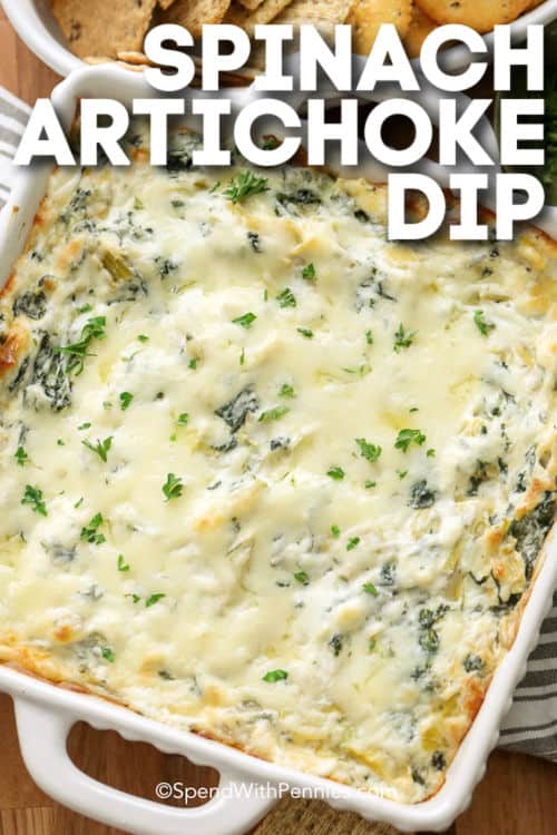 plated The Best Spinach Artichoke Dip with a title