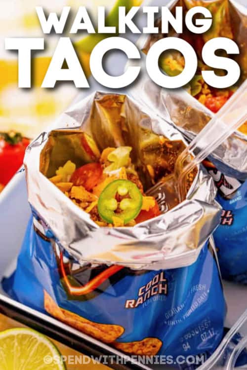 Walking Tacos in a bag with a fork and writing