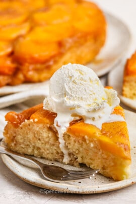 plated Peach Upside Down Cake with ice cream