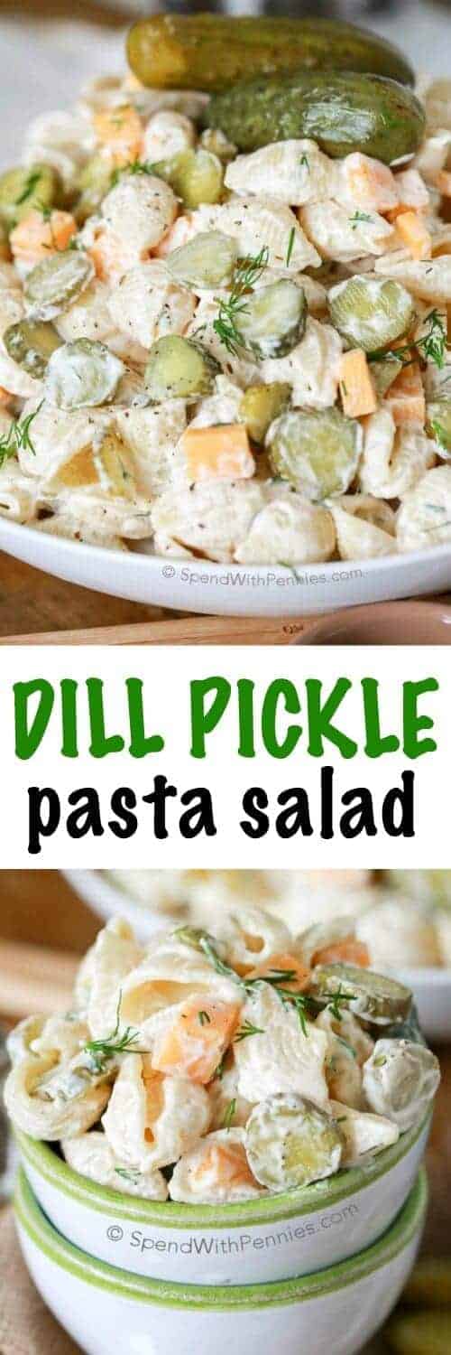 Pickle Pasta Salad with wording