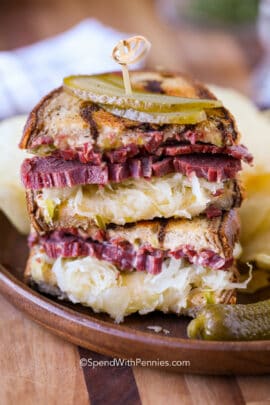 stacked reuben sandwich on a plate