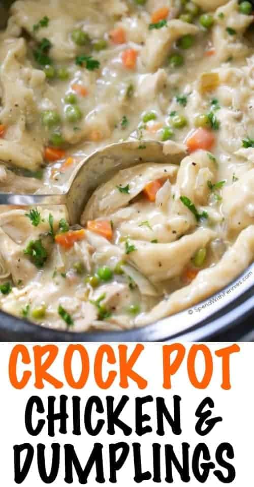 Crock Pot Chicken and Dumplings in a slow cooker with a title