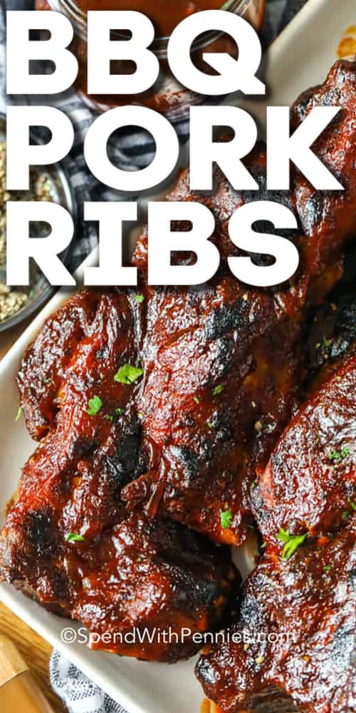 close up of BBQ Country Style Ribs with a title