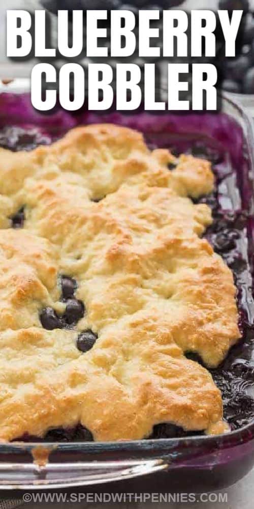 close up of Blueberry Cobbler in the pan with a title