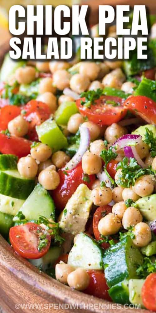 close up of Chickpea Salad with a title