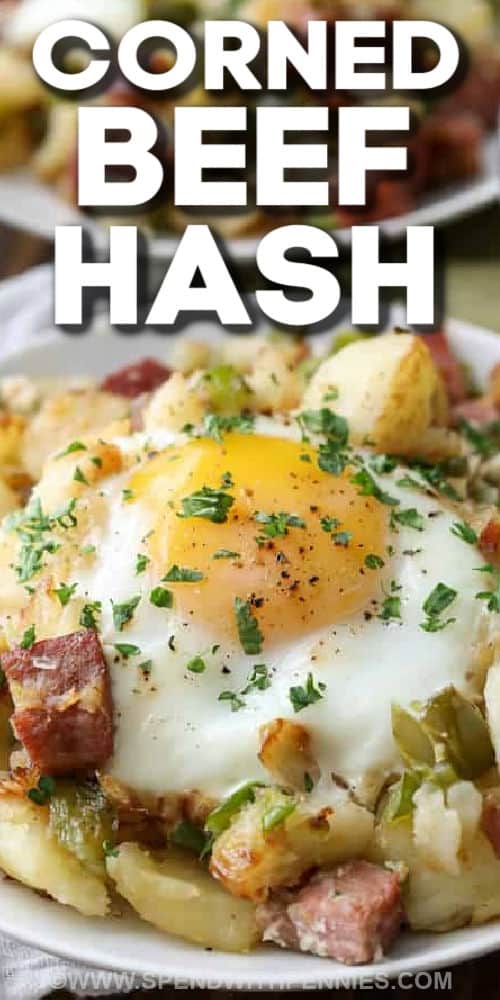 close up of Corned Beef Hash on a plate with writing