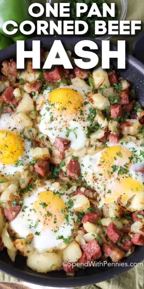 cooked Corned Beef Hash in the pan with writing