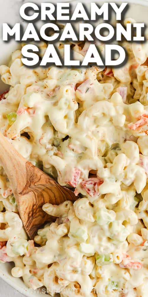 close up of plated Creamy Macaroni Salad with writing