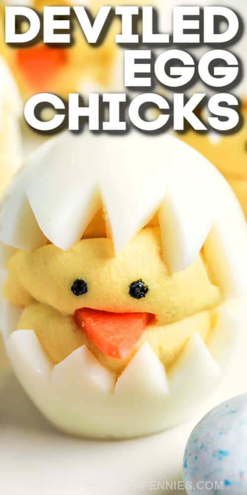 close up of Deviled Egg Chicks with a title