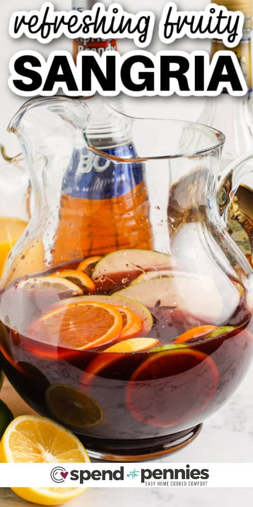 pitcher with Easy Red Sangria ingredients with writing