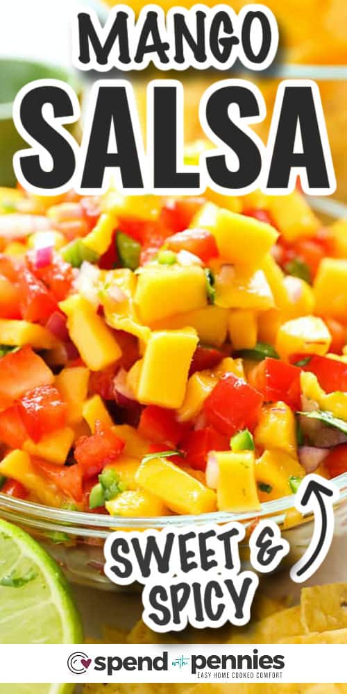 mango salsa in a bowl with text 