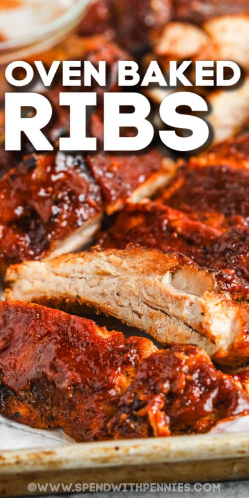 close up of Oven Baked Ribs slices with writing