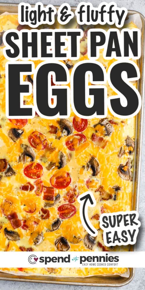Sheet Pan Eggs with tomatoes and a title