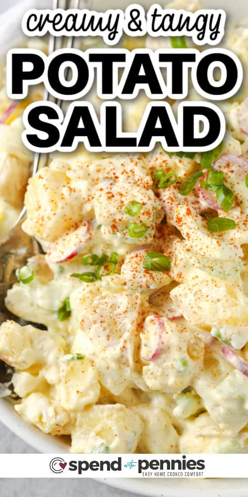 plated The Best Potato Salad with writing