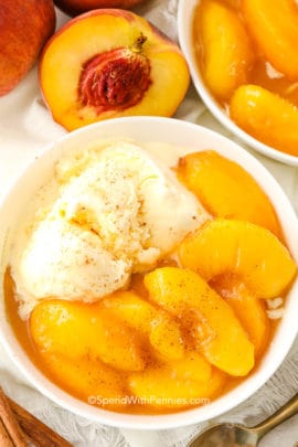 Peaches and Cream in a white dish with peaches on the side