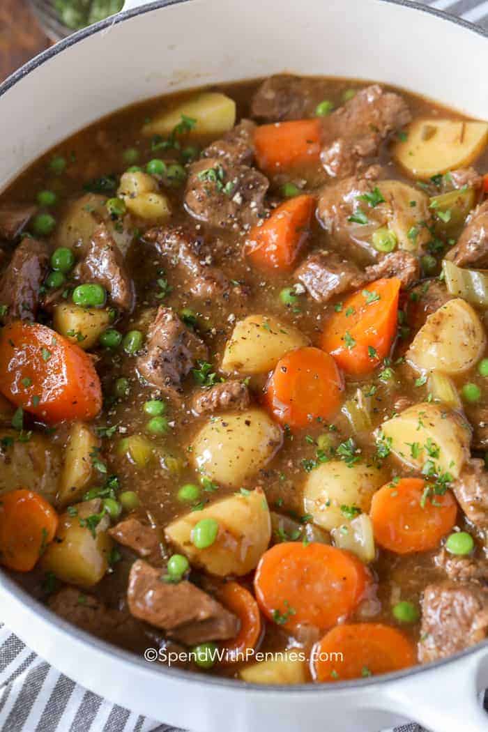 Overhead picture of Beef Stew in a white pot