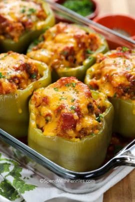 Stuffed Peppers in clear glass baking dish