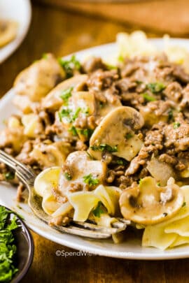 Ground Beef Stroganoff on a plate with a fork