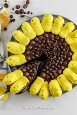 taking a slice out of a full Sunflower Peep Cake