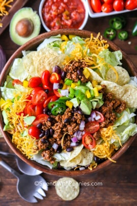 plated Taco Salad with ingredients around it